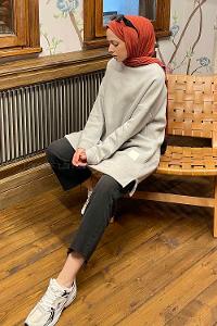 Gray Medium Crew Neck Cotton Fabric Tunic