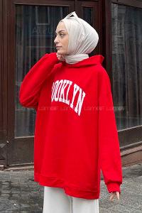 Lamelif Brooklyn Baskı Detaylı Kapüşonlu Sweatshirt Kırmızı