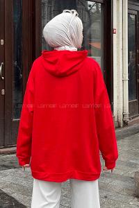 Lamelif Brooklyn Baskı Detaylı Kapüşonlu Sweatshirt Kırmızı