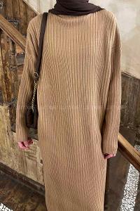 Lamelif Fitilli Triko Uzun Elbise Soft Kahve