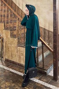 Lamelif Kol-Etek Ucu Nakışlı Triko Tesettür Elbise Zümrüt