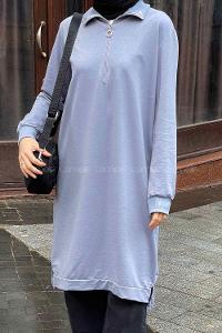 Gray Choker Neck Combed Fabric Cotton Fabric Tunic