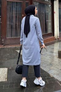 Gray Choker Neck Combed Fabric Cotton Fabric Tunic