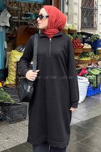 Black Choker Neck Combed Fabric Cotton Fabric Tunic