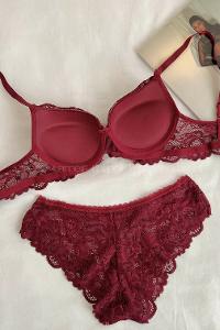Lamelif Dantelli Destekli Sütyen Takım Bordo Renk