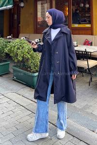 Lamelif  Guevara Kol Büzgülü Trençkot Lacivert