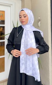 Lamelif Dama Desen Jakar Şal Beyaz