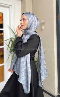 Lamelif Dama Desen Jakar Şal Koyu Gri