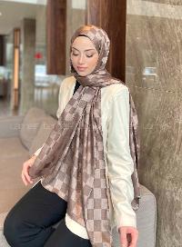 Lamelif Dama Desen Jakar Şal Küllü Kahve