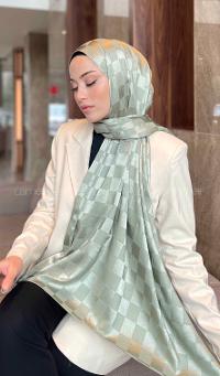 Lamelif Dama Desen Jakar Şal Mint Yeşili