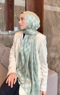 Lamelif Dama Desen Jakar Şal Mint Yeşili