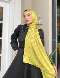 Lamelif Dama Desen Jakar Şal Yağ Yeşili