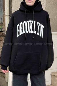 Lamelif Brooklyn Baskılı Oversize Cepli Sweatshirt Siyah