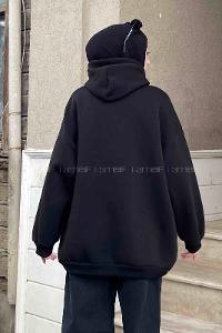 Lamelif Brooklyn Baskılı Oversize Cepli Sweatshirt Siyah