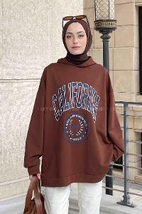 Bitter Brown Hood Neck Long Arm Printed Sweatshirt