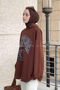 Bitter Brown Hood Neck Long Arm Printed Sweatshirt