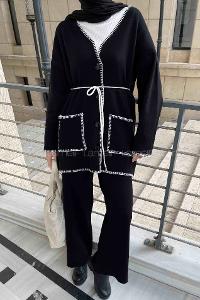 Lamelif Çoban Dikişli Triko Tesettür Takım Siyah