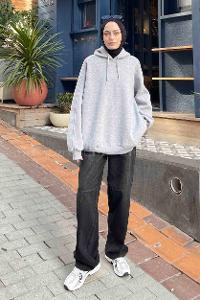 Lamelif Kapşonlu Oversize Yan Cepli Sweat Gri