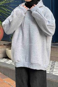 Lamelif Kapşonlu Oversize Yan Cepli Sweat Gri