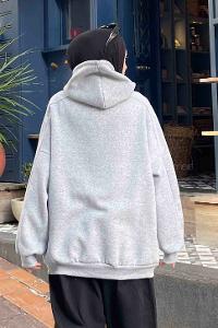 Lamelif Kapşonlu Oversize Yan Cepli Sweat Gri