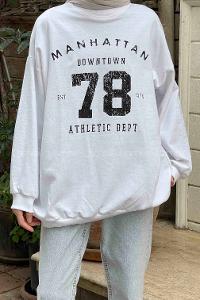 Lamelif Manhattan Baskılı Bisiklet Yaka Sweatshirt Beyaz