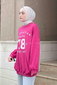 Lamelif Manhattan Baskılı Bisiklet Yaka Sweatshirt Fuşya