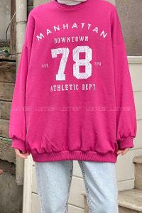 Lamelif Manhattan Baskılı Bisiklet Yaka Sweatshirt Fuşya