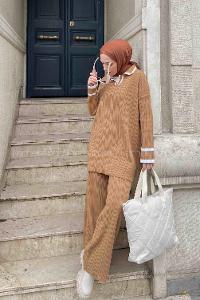 Camel Scarf Neck Knitwear Regular Trousers Comfortable Suit