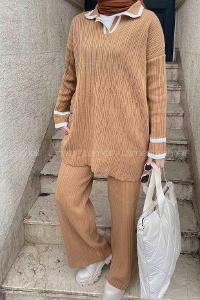 Camel Scarf Neck Knitwear Regular Trousers Comfortable Suit