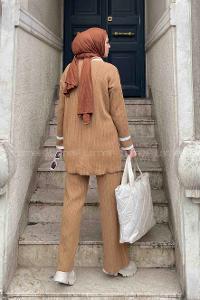 Camel Scarf Neck Knitwear Regular Trousers Comfortable Suit