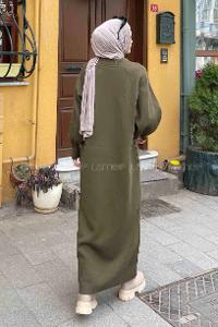 Lamelif Balon Kol Triko Elbise Haki