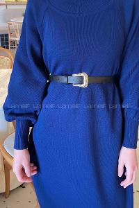 Lamelif Balon Kol Triko Tesettür Elbise Lacivert