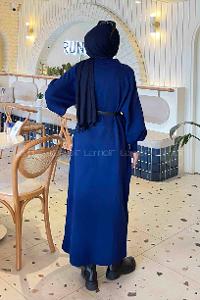 Lamelif Balon Kol Triko Tesettür Elbise Lacivert