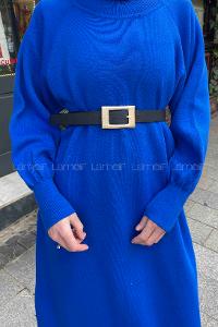 Lamelif Balon Kol Triko Elbise Saks Mavisi