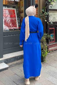 Lamelif Balon Kol Triko Elbise Saks Mavisi