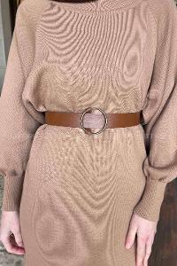 Lamelif Balon Kol Triko Tesettür Elbise Sütlü Kahve