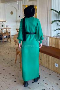 Lamelif Balon Kol Triko Elbise Yeşil