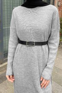 Lamelif Fitilli Triko Uzun Tesettür Elbise Gri