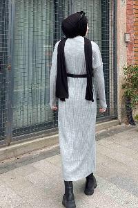 Lamelif Fitilli Triko Uzun Tesettür Elbise Gri