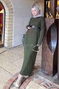 Lamelif Fitilli Triko Uzun Elbise Haki