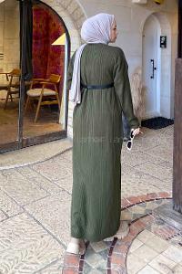 Lamelif Fitilli Triko Uzun Elbise Haki