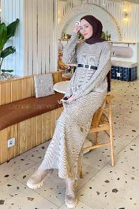 Lamelif Fitilli Triko Uzun Elbise  Kum Beji