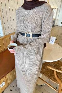 Lamelif Fitilli Triko Uzun Elbise  Kum Beji