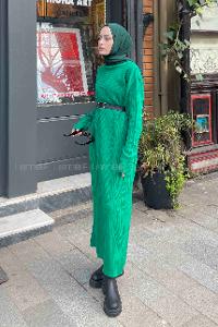 Lamelif Fitilli Triko Uzun Elbise Yeşil