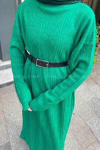 Lamelif Fitilli Triko Uzun Elbise Yeşil