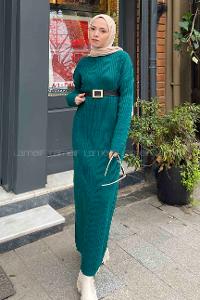 Lamelif Fitilli Triko Uzun Tesettür Elbise  Zümrüt