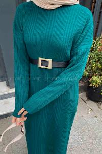 Lamelif Fitilli Triko Uzun Tesettür Elbise  Zümrüt