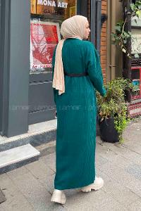 Lamelif Fitilli Triko Uzun Tesettür Elbise  Zümrüt