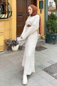 Lamelif Saç Örgü Uzun Elbise Bej