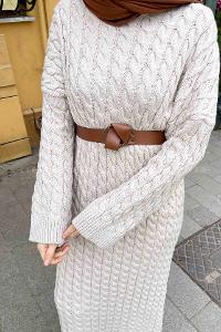 Lamelif Saç Örgü Uzun Elbise Bej